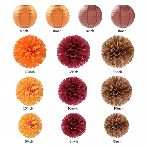 Image of Burgundy Brown-Orange Baby-Shower Boho Party-Decorations - 20pcs Fall Autumn Paper Lanterns Fans,Tissue Pom Poms,Honeycomb Balls,Wedding Birthday Bridal Harvest Thanksgiving Festival Decor Burgleda