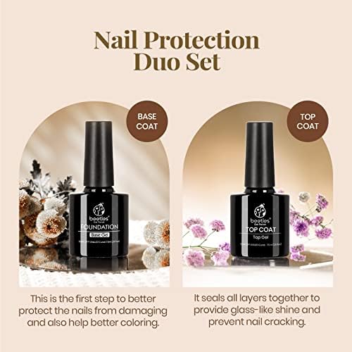 Beetles No Wipe Gel Top Coat and Base Coat Set, 2pcs 7.5ml Clear Gel Base Top Gel Glossy Shine Finish Long Lasting Gel Polish Soak Off LED Lamp Base and Top Coat Gel Nail Lamp