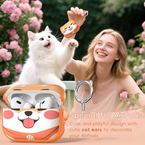 Image of for AirPods Pro 2 Case with Cleaning Kit, Cute Cat Ear Print Design & Cute Buckle for Girls, Phone Holder & Top Safe Lock Buckle Design for AirPods Pro 2nd /1st Gen case, Orange Dog