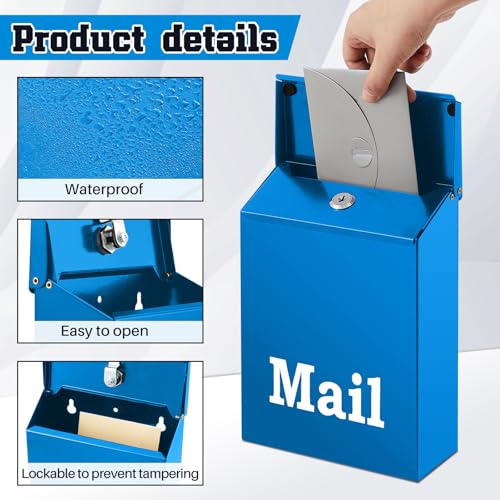Image of MorningRo 10 x 7 x 3 Inch Small Blue Wall Mount Mailbox with Lock Key for Outside Apartment Porch Rust Proof Security Key Drop Box for Letters Newspapers Cards
