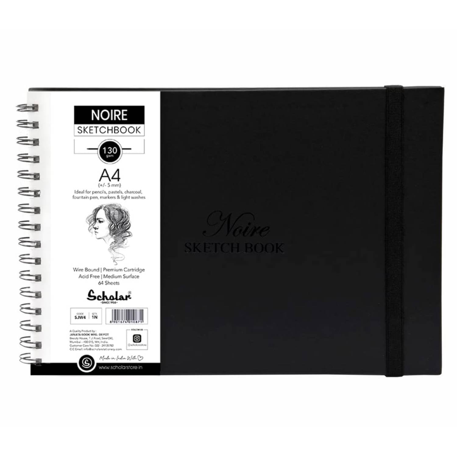 Scholar Noire Sketch Book – 130 GSM Natural Shade Cartridge Paper | Wire-O Bound Sketchbook with Elastic Closure | Compact Drawing Pad for Sketching, Doodling, Art & Travel (A4)-image-26