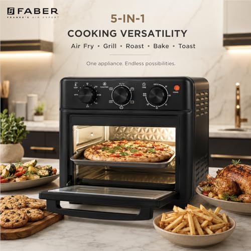 Image of Faber Air Fryer Oven 14L 1400W|View Window|Bake Tray,Tray Handle & Crumb Tray|Dishwasher safe removable parts|5 Preset Auto Program|3 Rack Positions|Roast,Fry,Toast,Defrost|FFAO CrispX PRO 14 BK