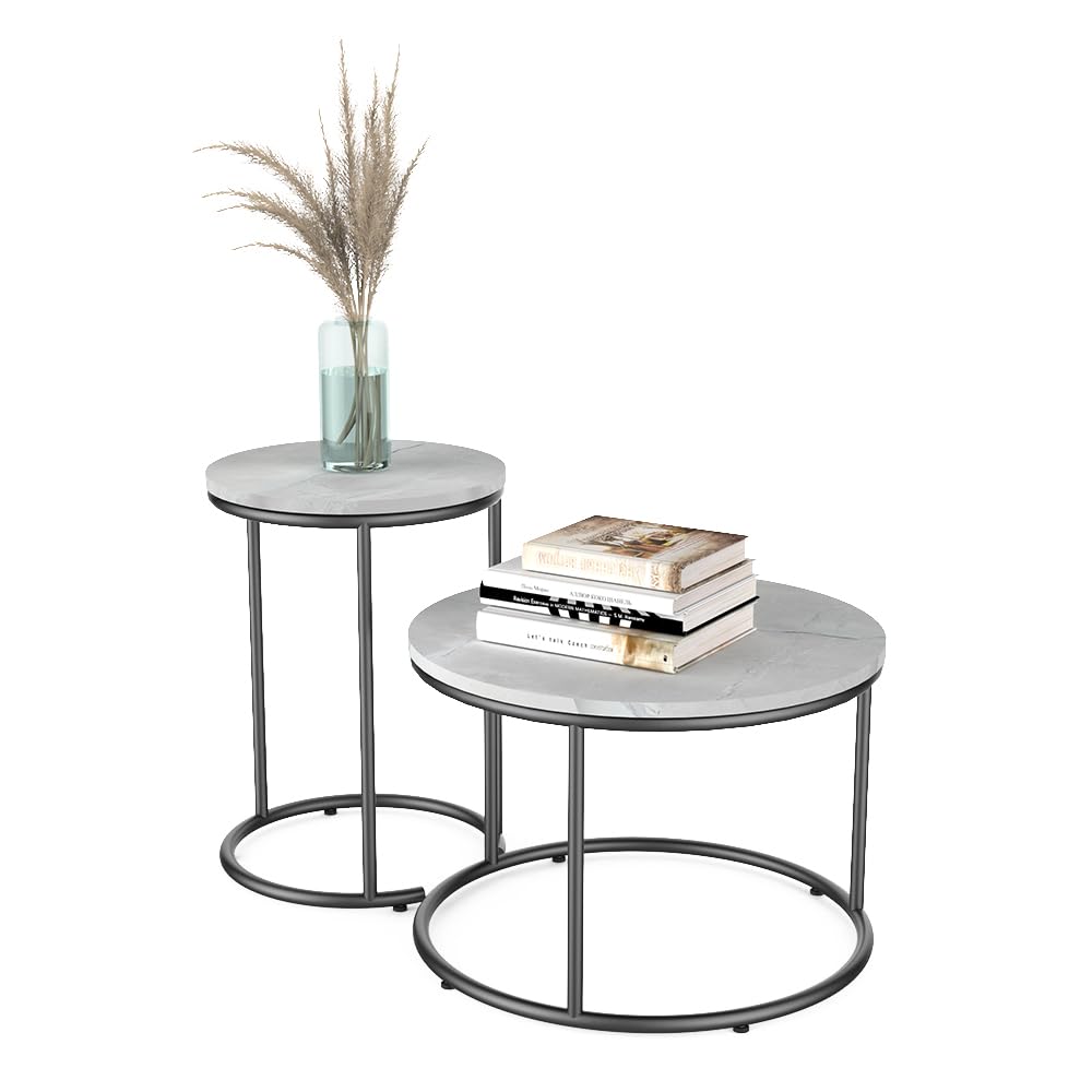 Vicco Set di tavolini da salotto Ottawa, Marmo bianco, 55 x 55 cm 2 parti, per un utilizzo flessibile come tavolini d’appoggio e tavolini laterali