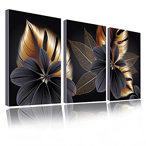 123 Life Panel de arte de pared negro y oro, hojas de plantas, póster impreso nórdico, abstracto, pintura de pared para decoración moderna del hogar o salón (30 x 40 cm) Cover
