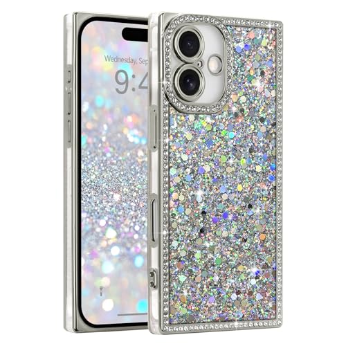 LAPOPNUT for iPhone 16 Plus Case,Cute Bling Sequin Glitter Sparkly Rhinestones Rectangle Edge Phone Case for Girls Women,Crystal Diamond Full Camera Protective Shockproof TPU Bumper Cover,Silver