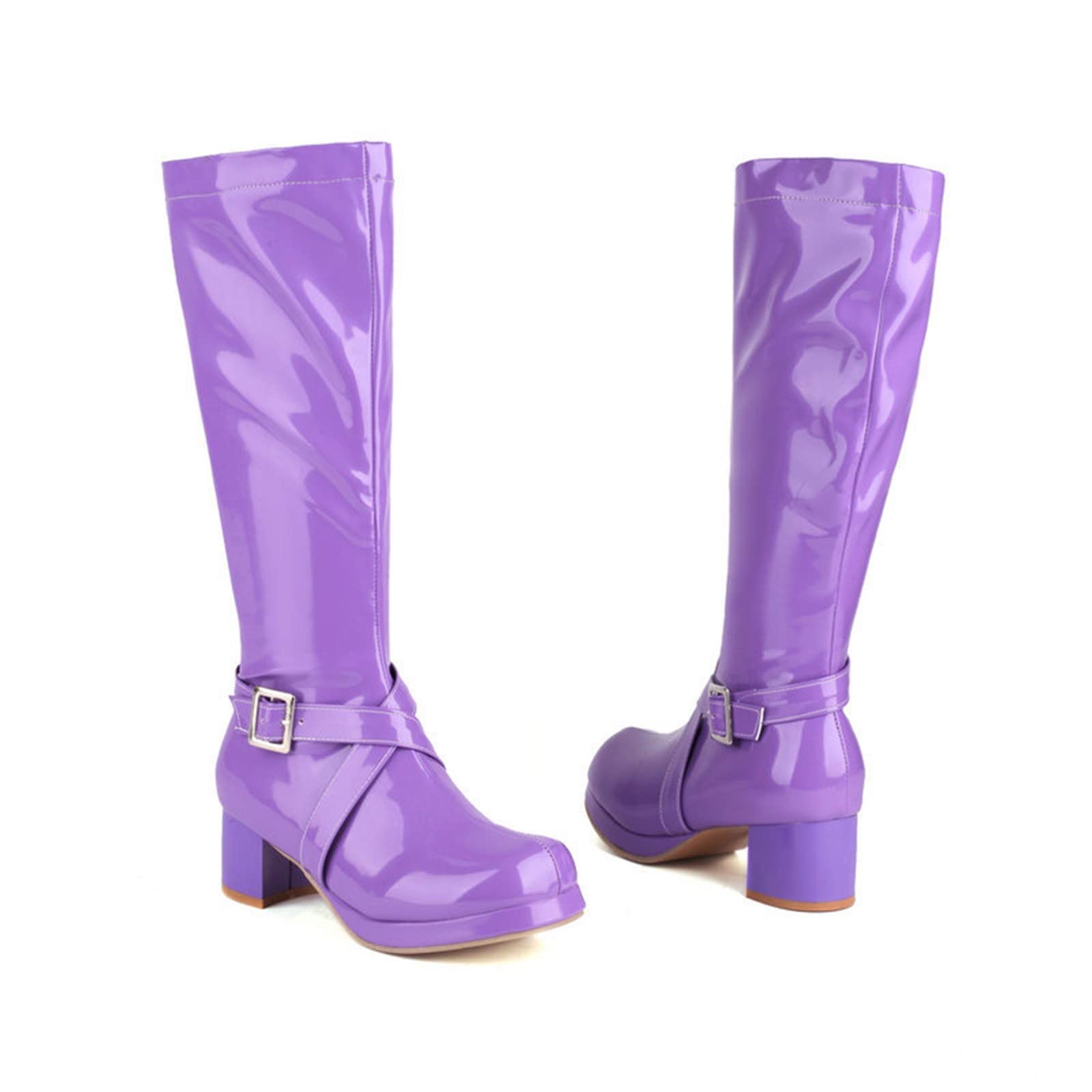 Botas de pantorrilla media para mujer e invierno Hebilla de color sólido de moda Cremallera lateral Cómodo tacón grueso Zapatos de tacón cuadrado Zapatillas de deporte para mujer, morado, 39 EU