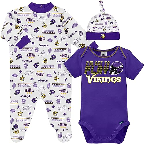 Image of Gerber NFL Baby Boy Pack Footie Registry Gift 3 Piece Bodysuit Sleep n Play and Cap Set, Team Color, 3-6 Months US