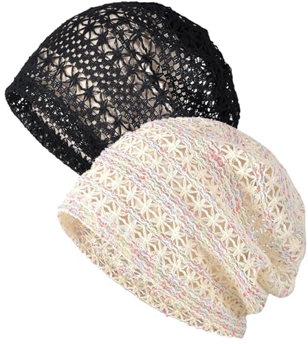 XYIYI Damen Mütze Chemo Hut Slouchy Kopfbedeckungen Kopf Wraps Krebshüte 2Stück Spitze Mesh Schwarz Beige