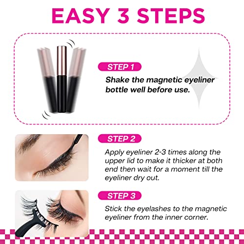 CALAILIS Magnetic False Eyelash and Magnetic Eyeliner Kit, Eye Makeup Waterproof Liquid Eye Liner, 3D Faux Mink Eye Lashes Natural Reusable Lashes 3 Pairs, Free Applicator(CY102) - Image 5