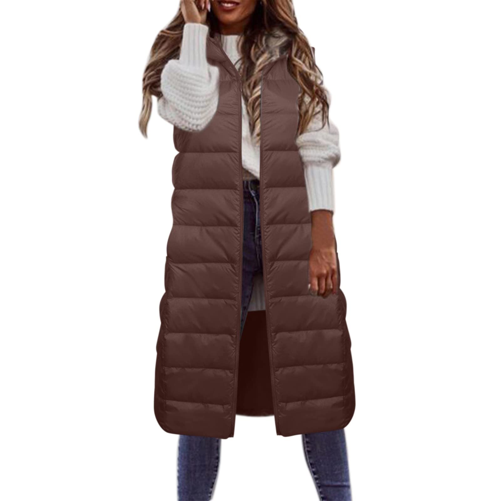 Weste Damen Mit Kapuze Daunenweste Winter Ärmellose Steppmantel Softshell Weste Elegant Damen-Mäntel Warm Steppweste Leicht Gilet Baggy Große Größen lang