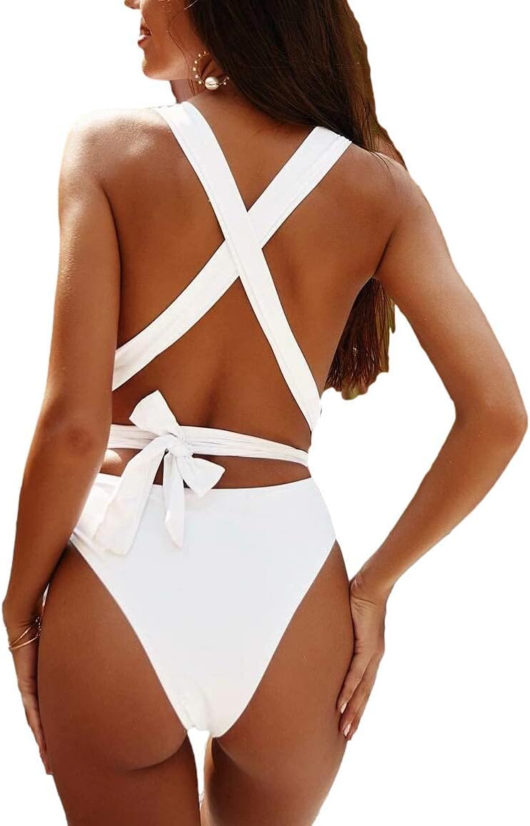 Lilosy Sexy Tie Criss Cross Plunge One Piece Thong Swimsuit High Cut Brazilian Bathing Suit - Image 4