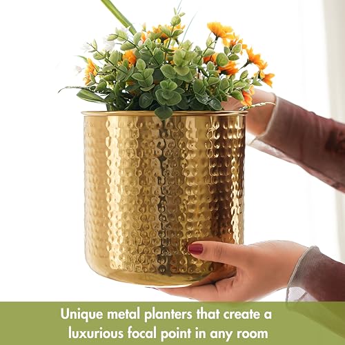 Image of BEHOMA Hammered Metal Indoor Planter for Table, Gold - Pack of 2 | Handcrafted Metal planter - elegant accent for Living Room decor & gifting