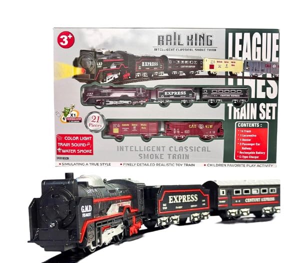 Rail King Electric Toy Train Set with Track – 21PCS Kids Train Set with Lights, Sound & Locomotive Engine