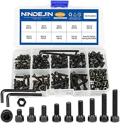 NINDEJIN Metric M3 Hex Socket Head Cap Screws, Allen Socket Drive M3 x 4mm/ 5mm / 6mm/ 8mm/ 10mm/ 12mm/ 16mm/ 18mm/ 20mm Carbon Steel Screw Bolt and Nut Assortment Kit with Wrench Key (Machine Screws)