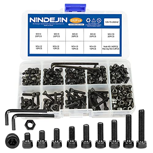 Nindejin Metric M3 Hex Socket Head Cap Screws, Allen Socket Drive M3 X 4Mm/ 5Mm / 6Mm/ 8Mm/ 10Mm/ 12Mm/ 16Mm/ 18Mm/ 20Mm Carbon Steel Screw Bolt And Nut Assortment Kit With Wrench Key (Machine Screws) #TOP10