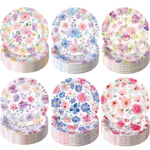 Image of Funnymoom 60 Pcs 7 Inch Floral Paper Plates Watercolor Summer Flowers Disposable Dessert Plate Bouquet Meadow Party Decoration for Spring Bridal Baby Shower Wedding Birthday Tea Party Supplies