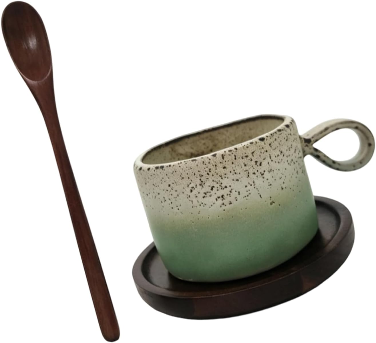Speckled Ceramic Coffee Set with Saucer & Wooden Spoon, 300ml Mug for Morning Latte, Tea & Gift