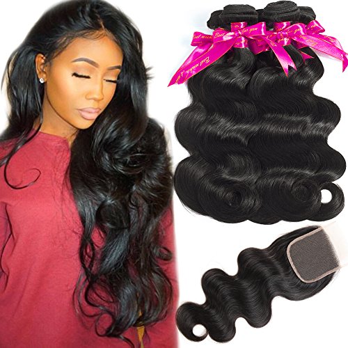 Hermosa Hair Brazilian Hair Body Wave 3 Bundles with Free Part Lace Closure Human Hair Weave 100% Unprocessed Human Hair Bundles with Closure, 16/18/20+14 Inch