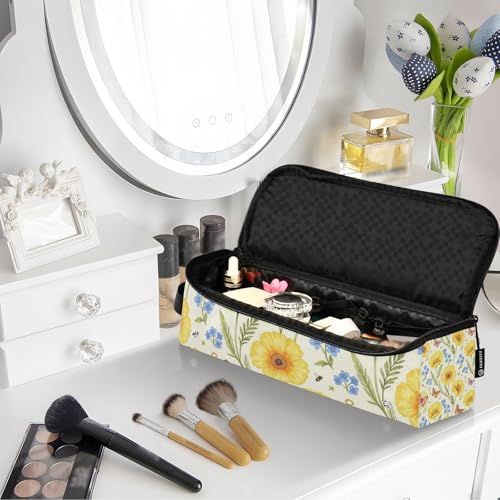 Bolsa de Viaje para Herramientas de Cabello y Tapete Resistente al Calor con Cierre, Funda de Doble Capa para Planchas, Rizador y Alisadores de Cabello, Amarillo con Flores, Mariposas y Abejas miniatura 7