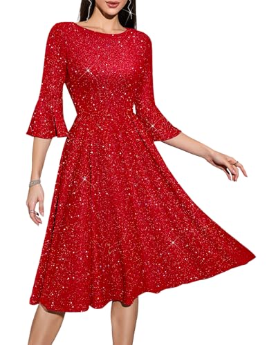 Image of HomRain Women's Church Dresses Modest Bell Sleeve Wedding Guest Cocktail Tea Party Vintage Evening Dress