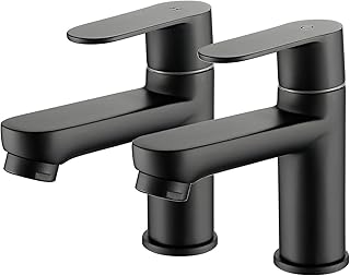 Maynosi Bathroom Basin Pillar Taps, 1/2 C Pair Sink Mixer Taps, 1/4 Turn Cloakroom Twin Faucets, 2 PCS Modern Round Style Taps, Solid Brass, Matte Black