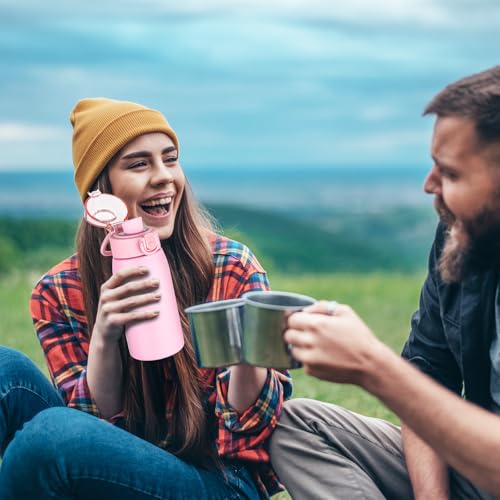 Image of Insulated Water Bottle 12 oz with Dustproof Lid, Carry Handle & Tea Infuser, BPA-Free & Leakproof, Stainless Steel Water Bottles Ideal for Fitness, Hiking, Office & Outdoor Use (Water Pink )