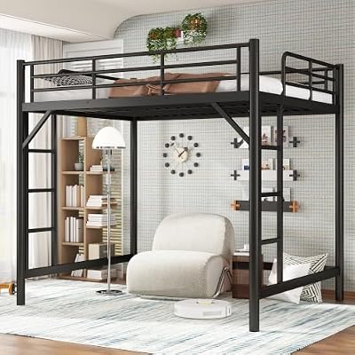 Metal Full Size Loft Bed,Heavy Duty Loft Bed Frame Full with 2 Ladders and Guardrails for Kids, Teens, Adults,Noise-Reducing,Space-Saving,Round Tube,Black