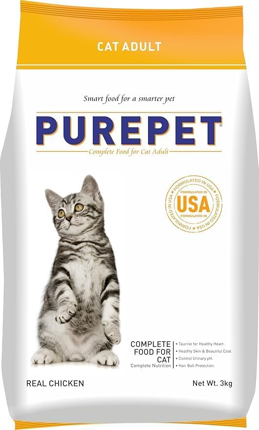 Purepet Dry Cat Food, Real Chicken, 3 Kg | Complete & Balanced Nutrition, Taurine for Healthy Heart, Controls Urinary pH, Healthy Skin & Coat