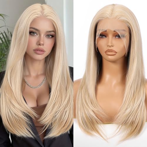 Allbell 13x6 Lace-Front-Wig in Highlight-Blond für Frauen 22 Zoll lange gerade gestufte Perücke glueless synthetische HD-Lace-Wigs für den täglichen Gebrauch und Partys.