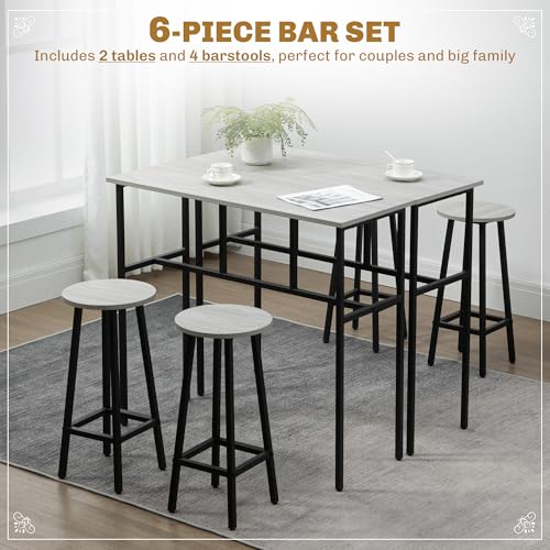 HOMCOM 6-Piece Bar Table Set, Counter Height Kitchen Dining Set with 2 High Tables & 4 Stools, Space Saving Compact Bar Furniture for Small Kitchens and Flats, Multiple Arrangements, Grey - Image 4