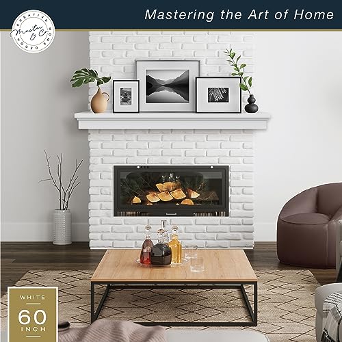Image of MCS 60-Inch Mantel, Master & Co White Finish Solid Wood Floating Fireplace Mantel, Long Floating Shelf for Livingroom with Wood Cleat Hanging System, Photo and Home Decor Display Shelf