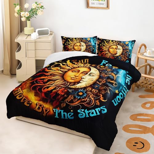 Image of AILONEN Sun Moon Comforter Set Queen Size, Boho Style Bedding Set for Kids Girls Boys,Bohemian Sunflowers and Stars Bed in a Bag,3 Pieces, 1 Quilt and 2 Pillowcases