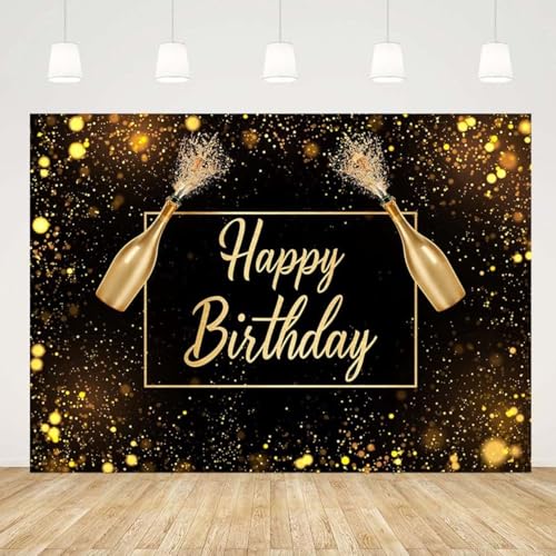 Image of 1 pc Happy Birthday Black Gold Backdrop (7ft X 5ft) Cloth Curtain Decoration for Kids and Adults (Pack of 1)