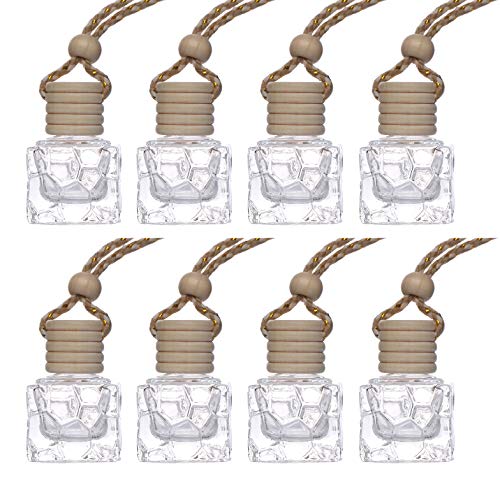 8 Pcs 10Ml Hanging Essential Oil Diffuser,Empty Clear Glass Square Car Air Freshener Perfume Aromatherapy Pendant Bottle Vials With Wooden Caps & Hanging String--Free 1 Funnel&Dropper #TOP13