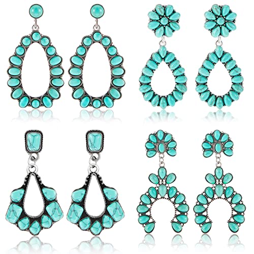 Bonuci Turquoise Earring 4 Pairs Western Earrings for Women Bohemian Oval Dangle Metal Earrings Vintage Statement Teardrop Country Jewelry(Classic Style)