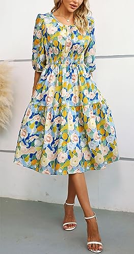Image of Kormei Women Casual Boho Floral Round Neck 3 /4 Sleeve Smocked Waist Tiered A Line Flowy Swing Midi Dress Long Dresses