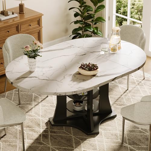 Extendable Dining Table 43-59 for 4-6 White Faux Marble Round Kitchen Dining Room Table with 2 Tier Storage Shelves Expandable Round to Oval Dinner Table with Storage for Kitchen Living Room