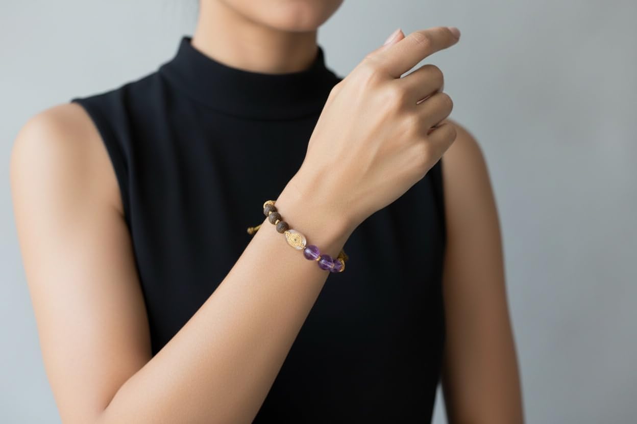 Handcrafted Adjustable Bracelet with Amethyst, Rosewood Beads, Sterling Silver Accents, Golden Cord, Purple and Brown