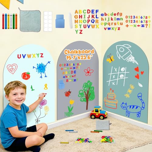 Juego de 3 adhesivos magnéticos para pared, pizarrón magnético para niños, despegar y pegar, pared de juego magnética para niños, dormitorio, sala de juegos, pizarra con 79 imanes del alfabeto ABC de