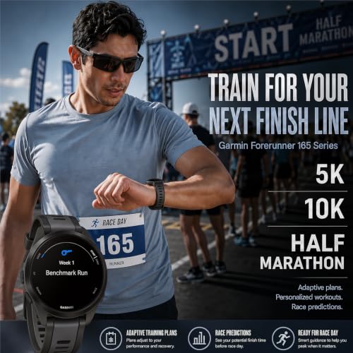 Image of Garmin 010-02863-20 Forerunner 165 Smart Sport Watch, Black + Slate Gray Bundle with Deco Essentials Charging Dock, 3X Silicone Dust Cover and USB Type C Charging and Sync Cable