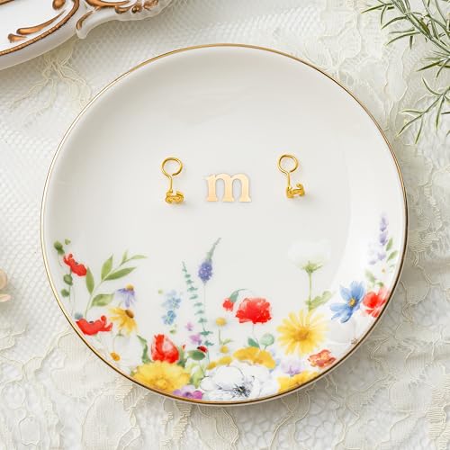 Crisky Initial Ring Dish Jewelry Dish, Ceramic Jewelry Tray Trinket Holder Monogrammed Gifts for Women Friends Mom, Earring Key Organizer Plate for Engagement Birthday Bridal Shower Flower Gift Box M