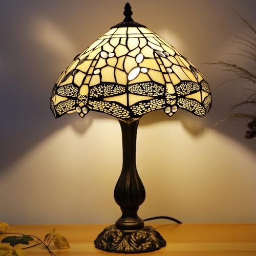 Image of 12Inch Tiffany Stained Glass LampShade Replacement Only (Cream Dragonfly) | Stained Glass Style Lampshade with Cap fit for Table lamp Pendant Light Ceiling Fixture