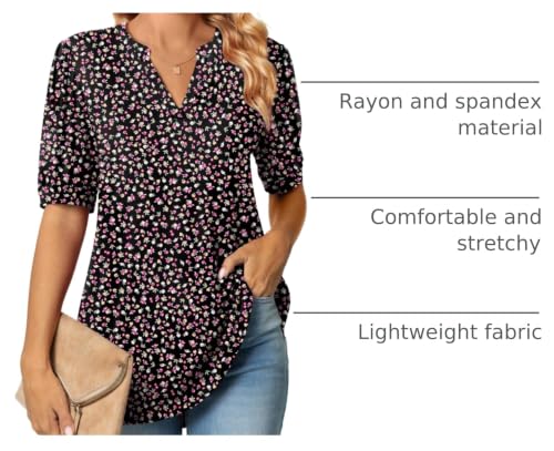 Anyally Womens Tunic Tops Summer Dressy Casual Puff Short Sleeve Shirts Work Business Blouses, L Floral Black by Anyally - Used condition - US$9.29