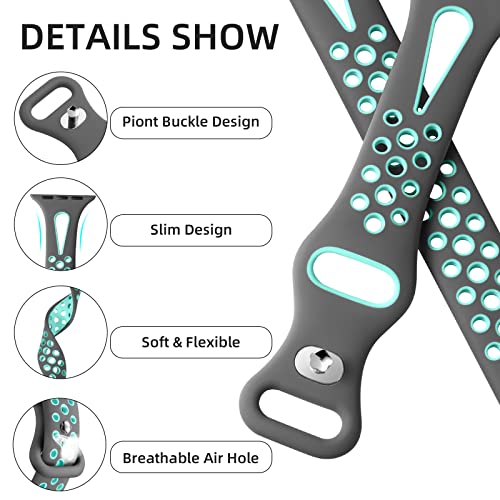 Getino Compatible With Apple Watch Band 41Mm 40Mm 38Mm 42Mm 44Mm 45Mm 49Mm Iwatch Se Ultra Series 8 7 6 5 4 3 2 1 Women Men, Stylish Durable Soft Silicone Breathable Slim Sport Watch Bands, Gray/Teal #TOP4
