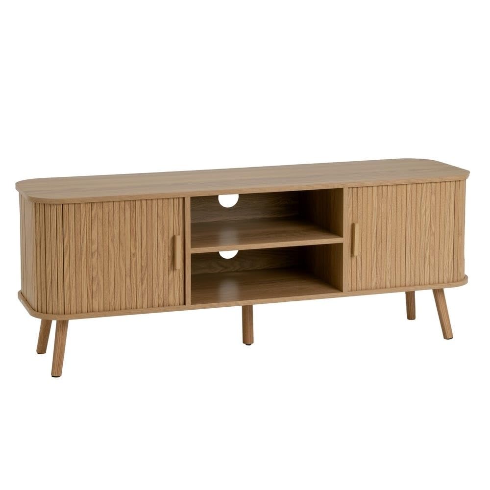 Meuble TV en MDF naturel avec 2 portes et étagère de rangement