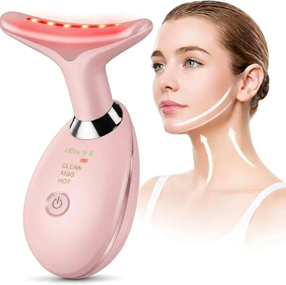 Massageador Facial Elétrico 3 em 1 - EMS, Aquecimento e Vibração Dupla para Redução de Queixo - VERMELHO - Premium (Rosa)
