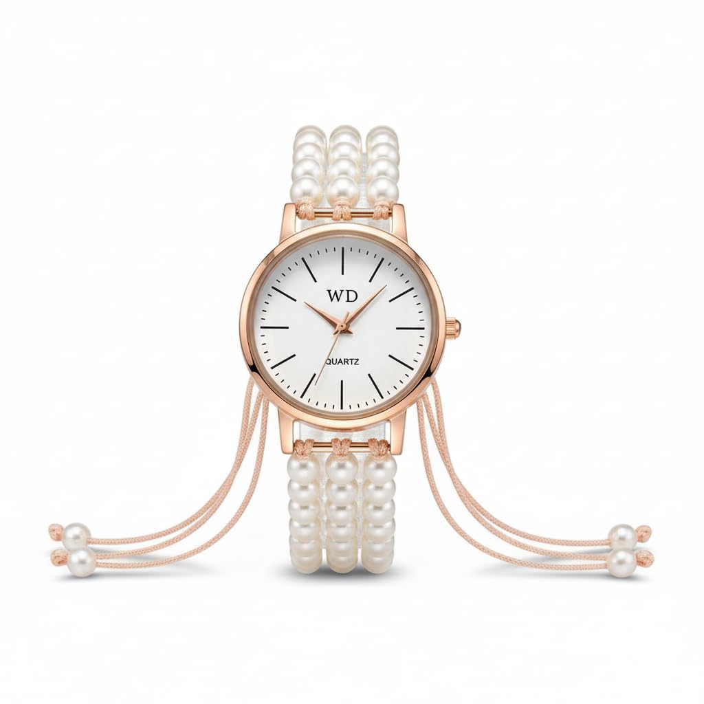Women's Elegant Pearl Strap Analog Quartz Wrist Watch with Beaded Strap, Adjustable Tassels, Fashion Bracelet Style (Rose Gold)-image-7