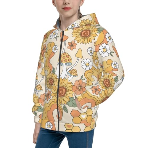 Groovy Hippie Flower Mushrooms Kid Hoodies Boys Zip Up Sweatshirts Girls Pullover with Pocket