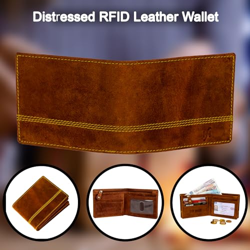 Mens Essentials Wallet RFID Safe Contactless Security Card Protection Distressed Hunter Leather Billfold Purse 11504