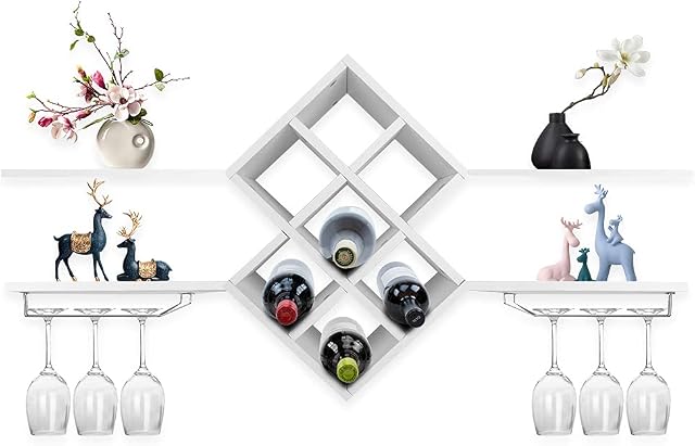 Wall Mounted Wine Rack, Drinks Cabinet Bottle Glass Holder Wine Rack Cabinet Bar Accessories Shelving with The Middle Wine Unit for 7 Bottles Wine Storage Display Shelf for Home Kitchen Dining Room
